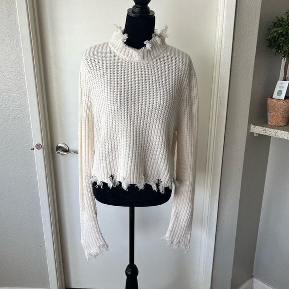 Fashion Nova Women’s Fringe Hem Mock Neck Pullover Sweater Ivory Size Large - Picture 4 of 11